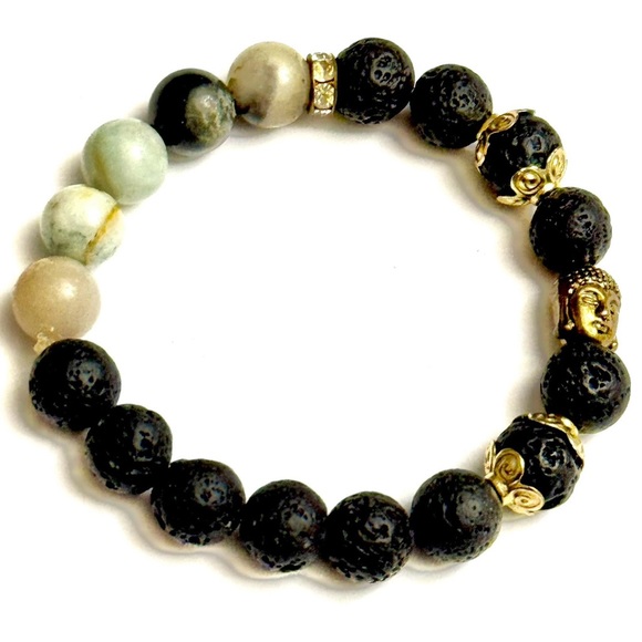 UNISEX BLACK LAVA & AMAZONITE BUDDHA BRACELET - Picture 2 of 3